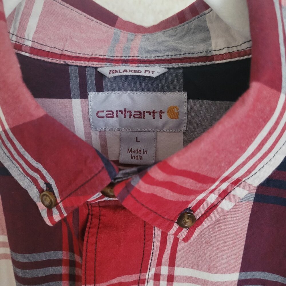 Carhartt Red White Blue Mens Plaid Short Sleeve Shirt Size L - Picture 4 of 15